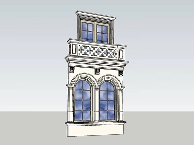 Classical Building Facade With Arched Windows And Upper Ornate Balcony Railings 3d model