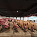 Conference Room Interior With Red Seats Wooden Floor Curved Ceiling Lighting And Podium