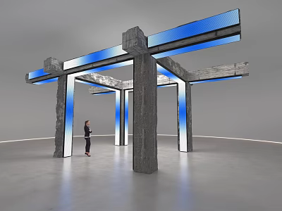 Art Installation Featuring Concrete Pillars And Blue Light Strips In Indoor Space With Person 3d model