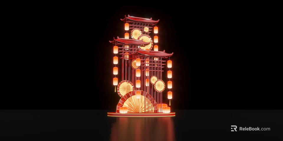 Red Chinese Traditional Decorative Structure With Lanterns And Fan Shaped Decorations 3d model 