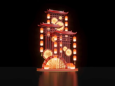 Red Chinese Traditional Decorative Structure With Lanterns And Fan Shaped Decorations 3d model