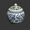 Traditional Blue and White Ceramic Jar Featuring Floral Plant Patterns as Decorative Piece