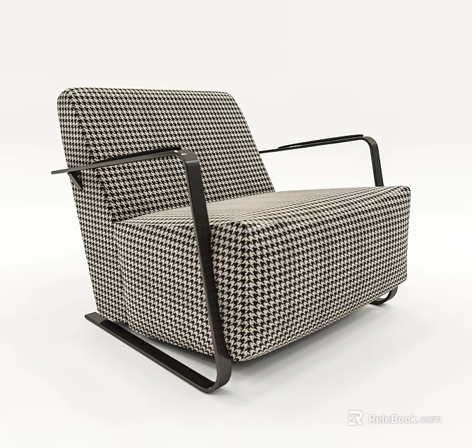 Modern Single Sofa With Houndstooth Pattern And Black Metal Frame Design 3d model