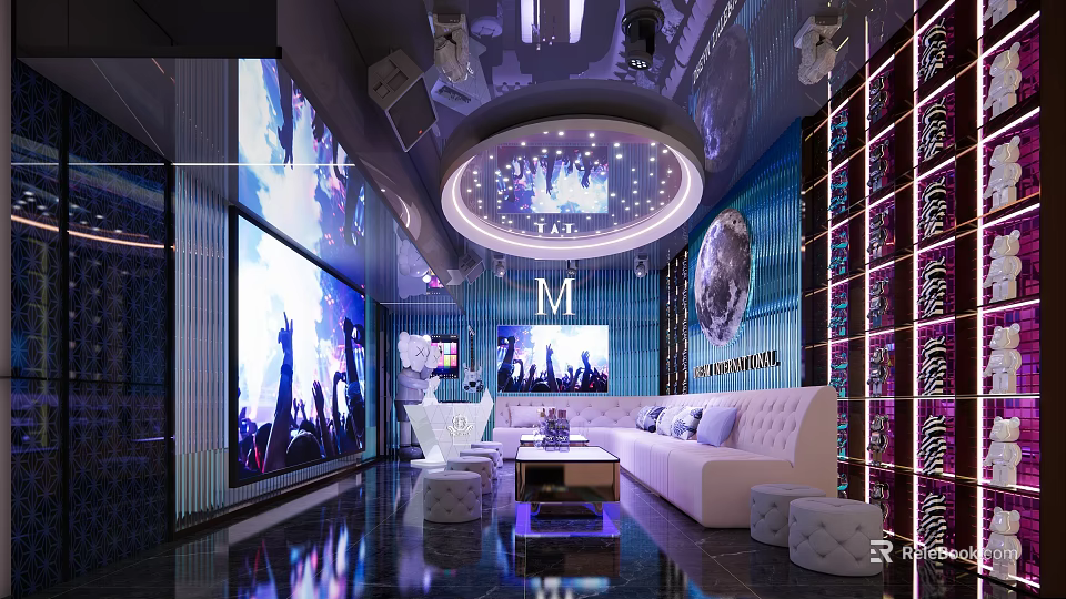 Modern KTV Interior With Large Screen White Sofa Round Ceiling Lights And Disco Ball Decor 3d model