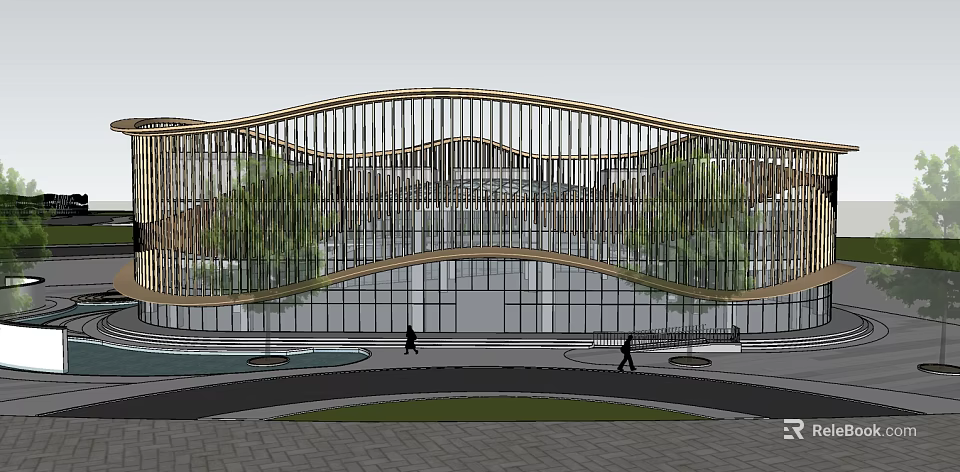 Modern Sales Office Building With Wavy Wooden Structure Large Glass Panels And Plaza Greenery 3d model 