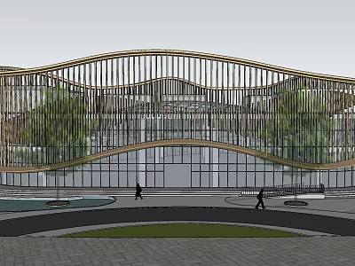 Modern Sales Office Building With Wavy Wooden Structure Large Glass Panels And Plaza Greenery 3d model