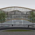 Modern Sales Office Building With Wavy Wooden Structure Large Glass Panels And Plaza Greenery
