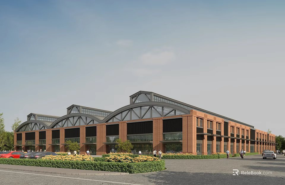 Industrial Factory Building With Red Brick Exterior Arched Roof Glass Windows And Greenery Area 3d model 