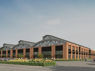Industrial Factory Building With Red Brick Exterior Arched Roof Glass Windows And Greenery Area 3d model