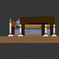 Cartoon Scene Of Colorful Block House With Brown Roof And Blue Windows On Green Base