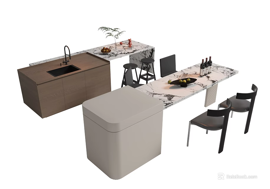 Modern Marble Bar Counter With Chairs Sink And Decorative Plant 3d model 