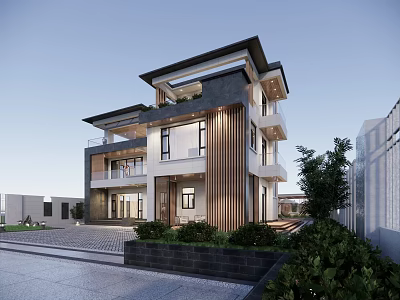 Modern Two Story Detached Villa With Glass Windows And Landscaped Garden 3d model