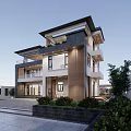 Modern Two Story Detached Villa With Glass Windows And Landscaped Garden