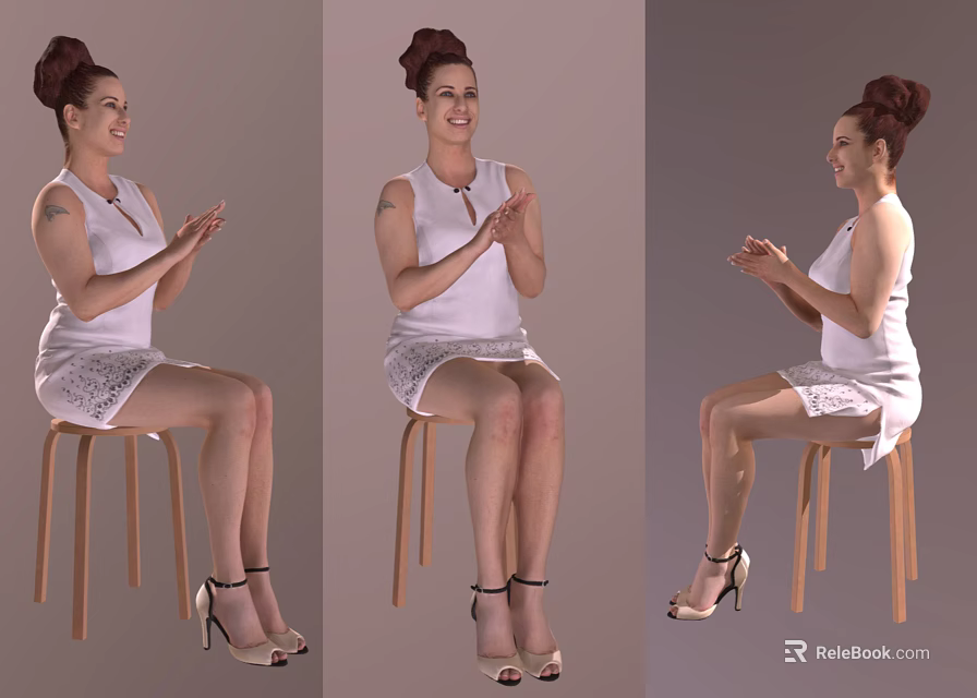 Woman Sitting On Stool Clapping Hands In White Dress With High Heels And Updo Hairstyle 3d model 