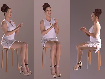 Woman Sitting On Stool Clapping Hands In White Dress With High Heels And Updo Hairstyle 3d model