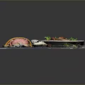 Delicious Pork Dishes with Dark Sauce Fresh Lettuce and Cucumber Slices on Tray