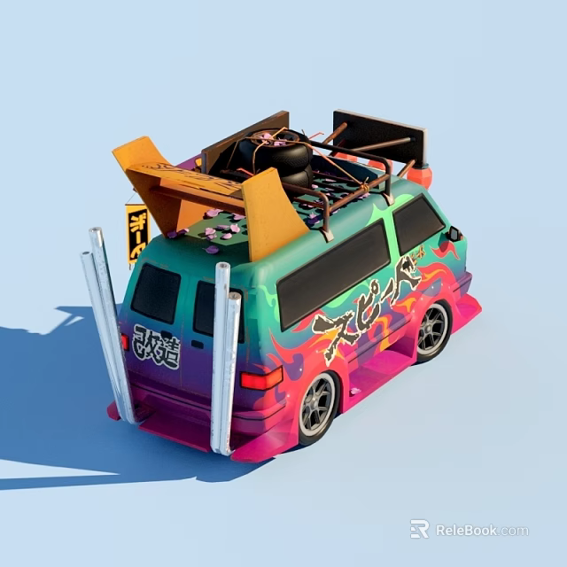 Customized Colorful Van With Graffiti Design Roof Mounted Yellow Accessories And Rear Decorative Bars 3d model 