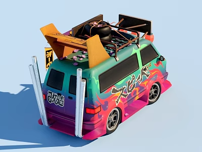 Customized Colorful Van With Graffiti Design Roof Mounted Yellow Accessories And Rear Decorative Bars 3d model