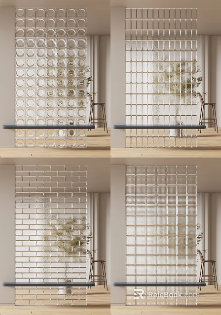Stylish Modern Partition Components With Glass Blocks Metal Grids And Brick Designs 3d model 