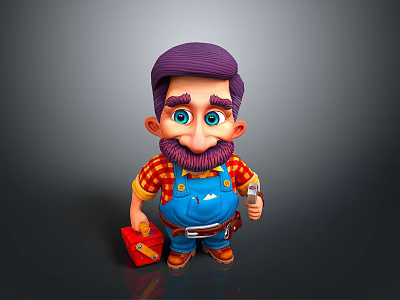 Cartoon Bearded Man With Purple Hair Red Plaid Shirt Blue Overalls Holding Red Toolbox 3d model