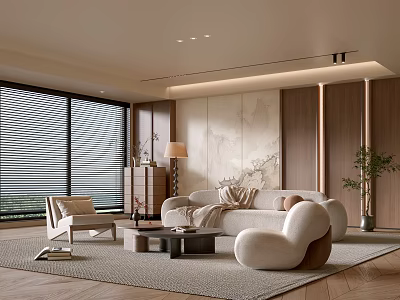 Modern Living Room Interior Design With Large Windows Blinds Sofa Rug Armchair And Wall Art 3d model