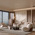 Modern Living Room Interior Design With Large Windows Blinds Sofa Rug Armchair And Wall Art