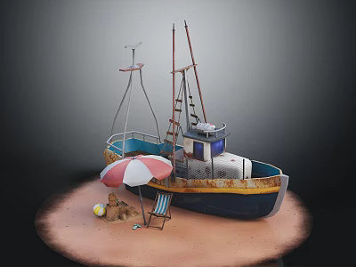 Vintage Wooden Boat On Sandy Beach With Umbrella Chair Ball And Shells 3d model