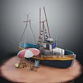 Vintage Wooden Boat On Sandy Beach With Umbrella Chair Ball And Shells