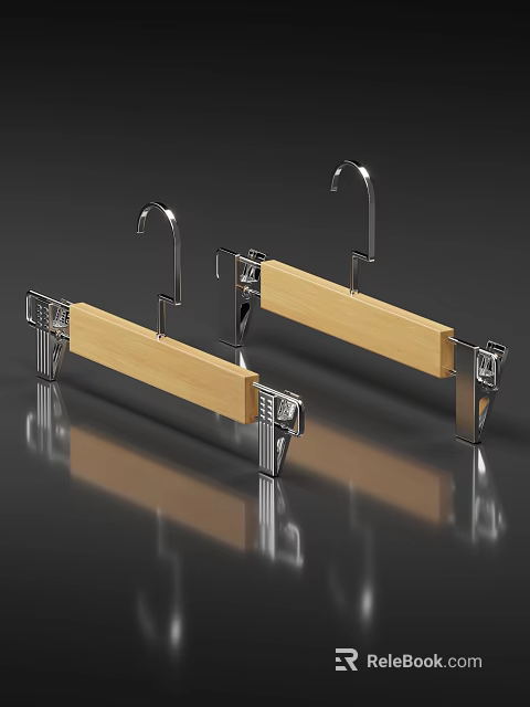 Wooden Pants Hangers With Metal Clips And Hooks 3d model 