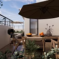 Elegant Villa Balcony Design Featuring Tiled Roof Outdoor Seating And Wooden Deck