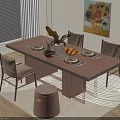 Dining Table Set Featuring Three Chairs Stool Vase Oranges Tableware Sunflower Painting And Blinds