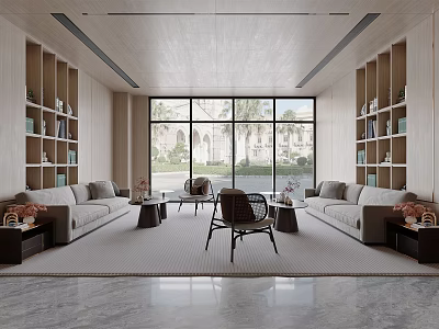 Modern Reception Room Interior Design With Sofas Bookshelves Large Windows And Garden View 3d model