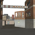 Urban Storage Area With Red Brick Buildings Metal Sheds Containers And Sign