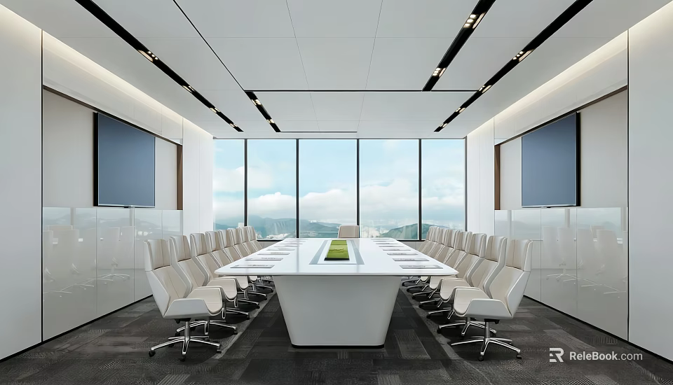 Modern Conference Room Interior With Large Windows Scenic View Long Table And White Chairs 3d model 