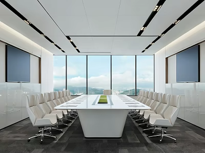 Modern Conference Room Interior With Large Windows Scenic View Long Table And White Chairs 3d model