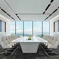 Modern Conference Room Interior With Large Windows Scenic View Long Table And White Chairs
