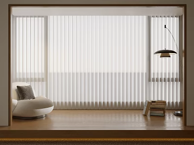 White Venetian Blinds In Modern Living Room With Sofa Chair And Floor Lamp 3d model