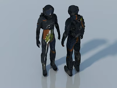 Two Game Movie Characters In Dark Futuristic Outfits With Backpacks And Colorful Accents 3d model