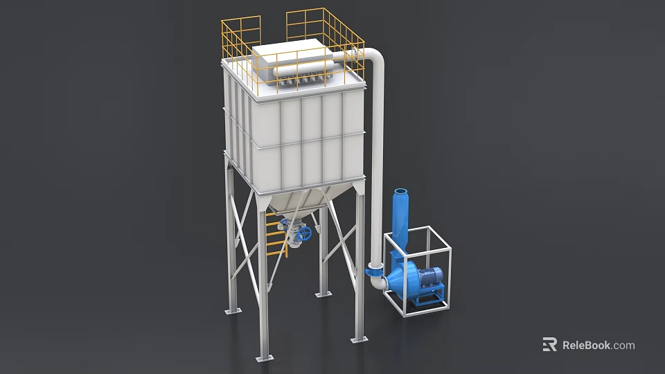 Industrial Dust Collector Equipment With White Main Body Yellow Guardrails Blue Pipes And Metal Frames 3d model 