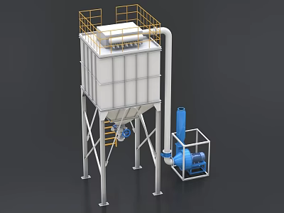 Industrial Dust Collector Equipment With White Main Body Yellow Guardrails Blue Pipes And Metal Frames 3d model