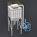 Industrial Dust Collector Equipment With White Main Body Yellow Guardrails Blue Pipes And Metal Frames
