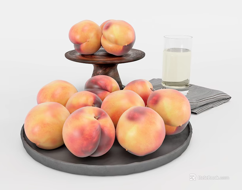 Fresh peaches on black tray with small tray two peaches glass milk and folded napkins 3d model 