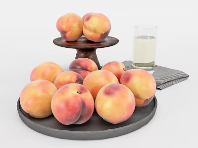 Fresh peaches on black tray with small tray two peaches glass milk and folded napkins 3d model