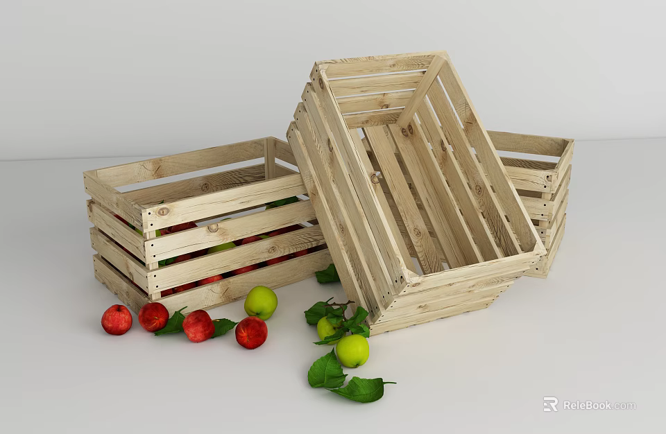 Wooden Crates With Fresh Apples And Green Leaves On White Surface 3d model 