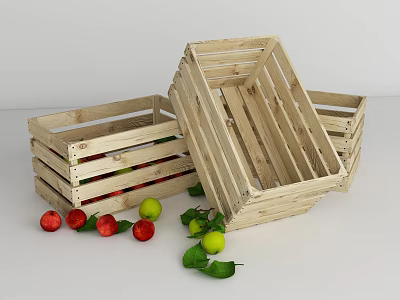 Wooden Crates With Fresh Apples And Green Leaves On White Surface 3d model