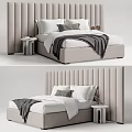 Modern Double Bed With Vertical Tufted Upholstered Headboard White Sheets Gray Throw And Pillows