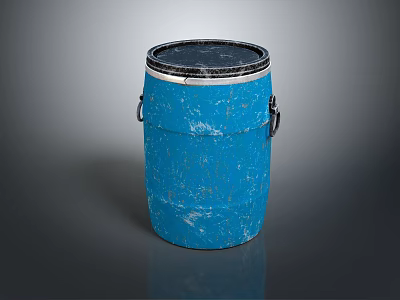 Sturdy Blue Barrel With Metal Handles Black Lid And Worn Surface 3d model