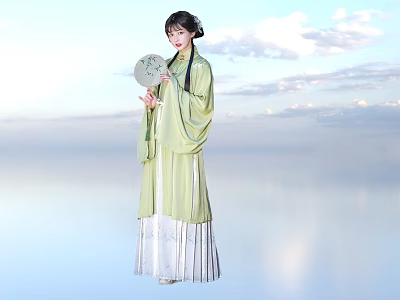 A Woman In Light Green Hanfu Holding Patterned Fan With Blue Sky White Clouds Water 3d model