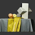 Still Life Arrangement With Cross Shaped Geometric Object Cone Apples And Tablecloth On Table