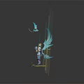 Mythical Warrior Figure With Small Flying Creature Blue Glowing Wings Golden Accents Illuminated Base